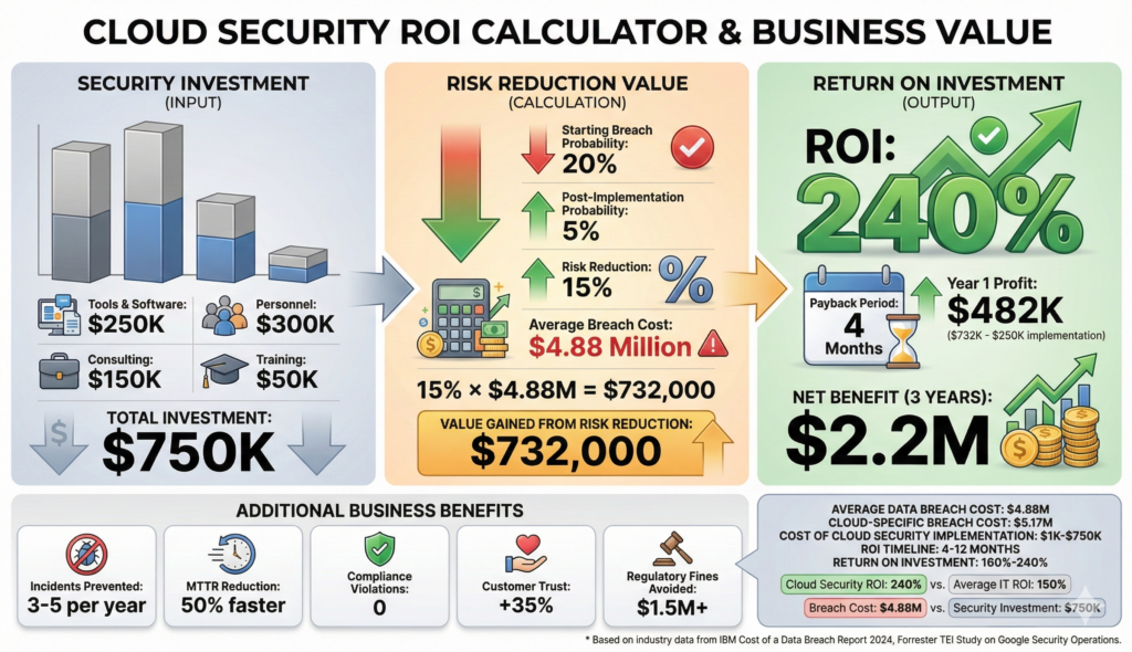 Cloud security ROI infographic showing investment costs ($750K) → risk reduction value ($732K) → financial returns (240% ROI, $1.5M benefit over 3 years) with compliance and operational benefits