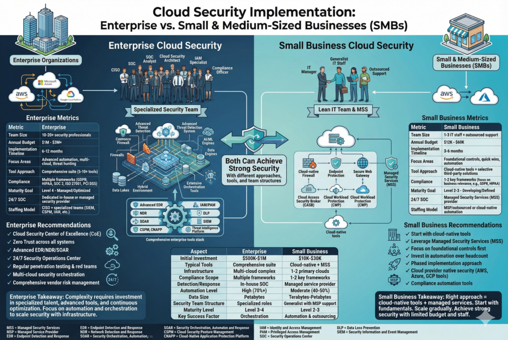 Comparison infographic: Enterprise cloud security (large teams, $1M-$3M budget, multi-cloud, advanced tools) vs. Small Business (lean teams, $12K-$60K budget, cloud-native tools, managed services) showing approaches tailored to organization size