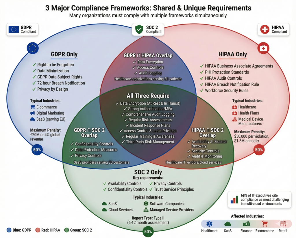 Venn diagram showing GDPR, HIPAA, and SOC 2 compliance frameworks with unique and shared requirements for data protection, encryption, access control, and audit logging