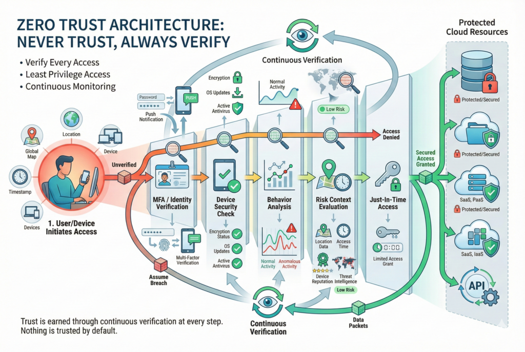 Zero trust architecture diagram showing user device → multiple verification checkpoints (MFA, device compliance, behavior analysis, risk assessment, least privilege, continuous monitoring) → protected cloud resources